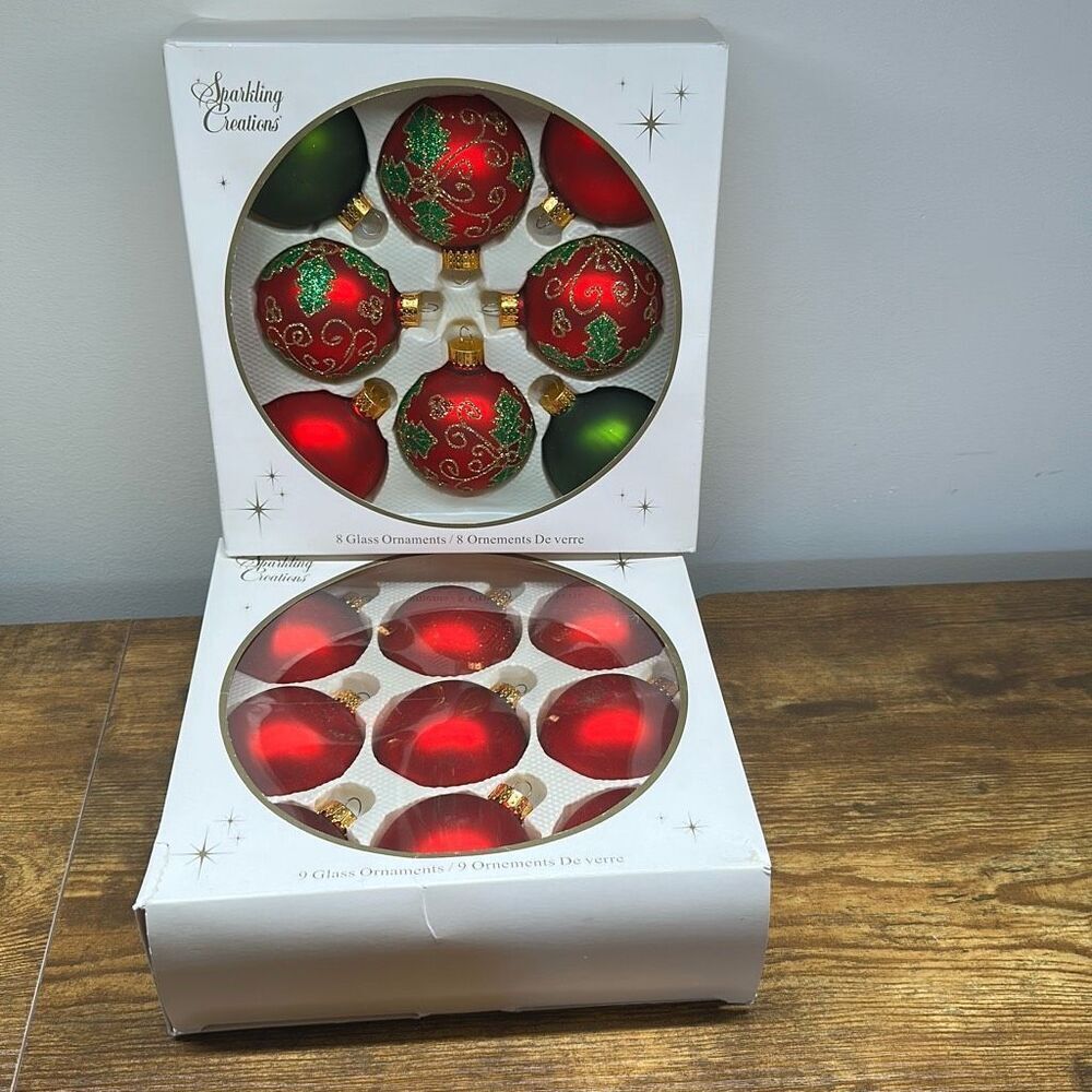Sparkling Creations Glass Ornaments Gold Red Green‎ Christmas set of 2